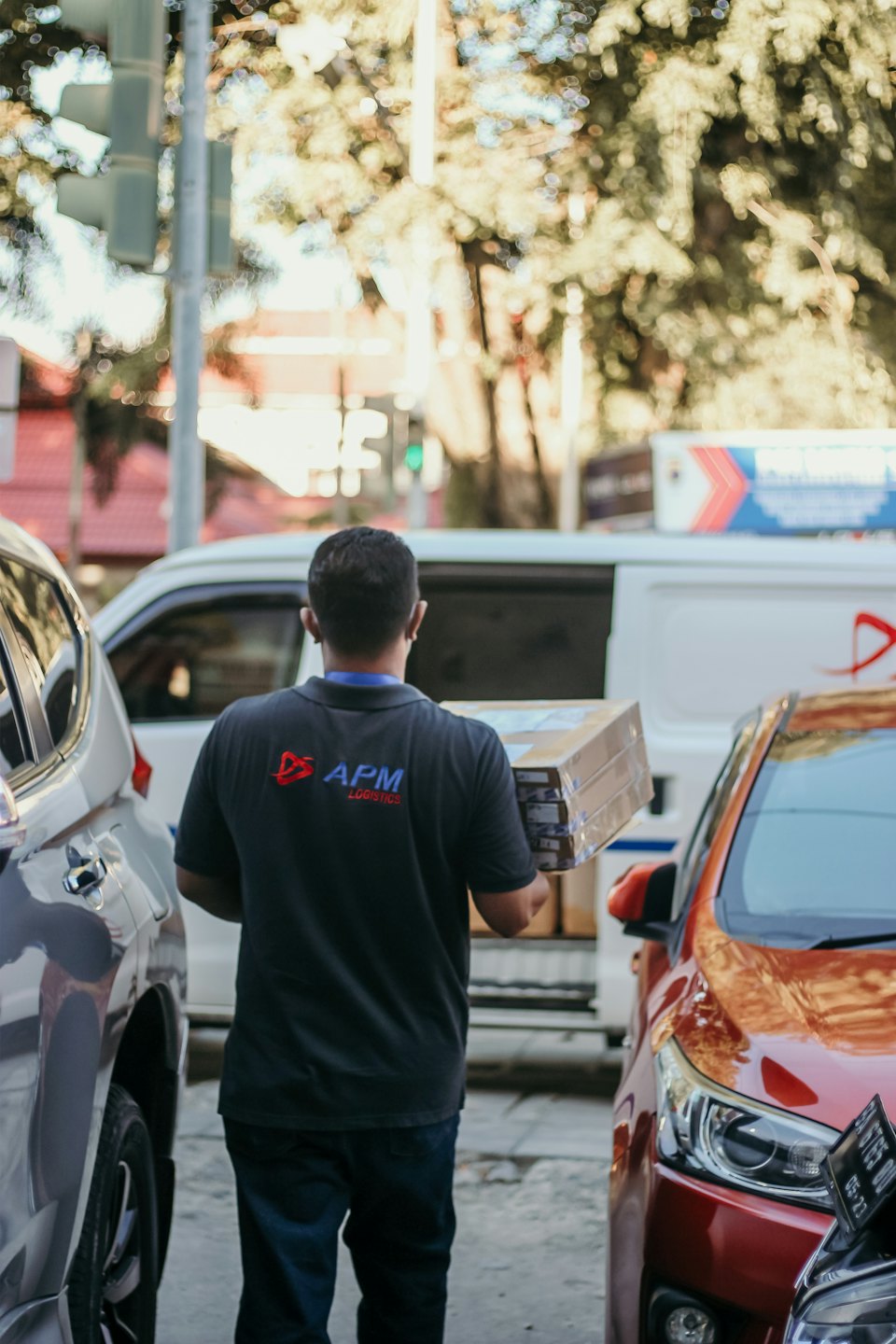 Delivery person carries packages between cars on a street.